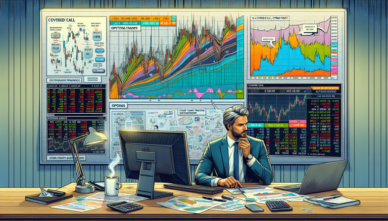 Create an illustration of a stock market investor at a desk, with a complex chart of stock prices on one screen and an options trading platform on another screen. The investor is thoughtfully analyzing the data while a speech bubble shows Covered Call Strategy. On the desk, there are papers, a calculator, and a coffee mug. The backdrop includes a whiteboard with diagrams explaining Covered Call and Stock Ownership concepts. Make the scene modern and professional.
